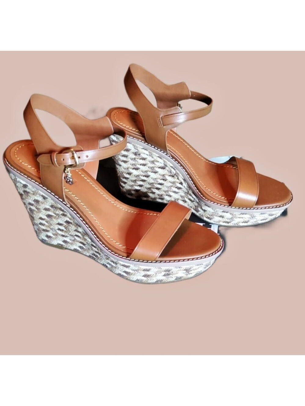 COACH SADDLE LEATHER ESPADRILLE WEDGE SANDAL SIZE 10